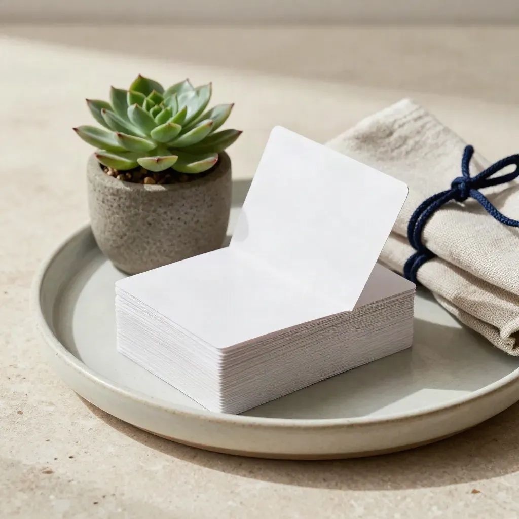 Linen-tied blank story cards on a ceramic tray with a small succulent and folded cloth