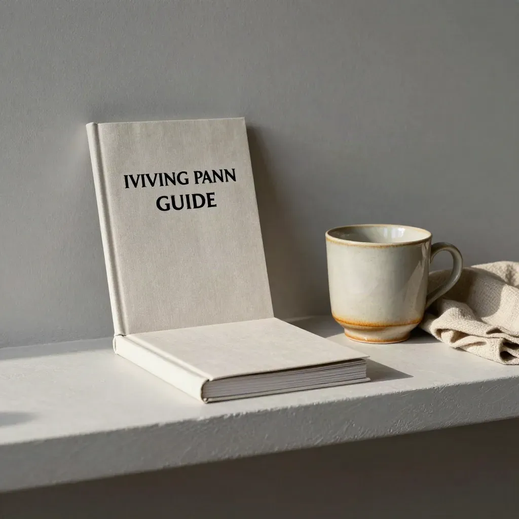 Tone of voice booklet, ceramic cup and folded cloth on a plaster shelf in soft daylight.