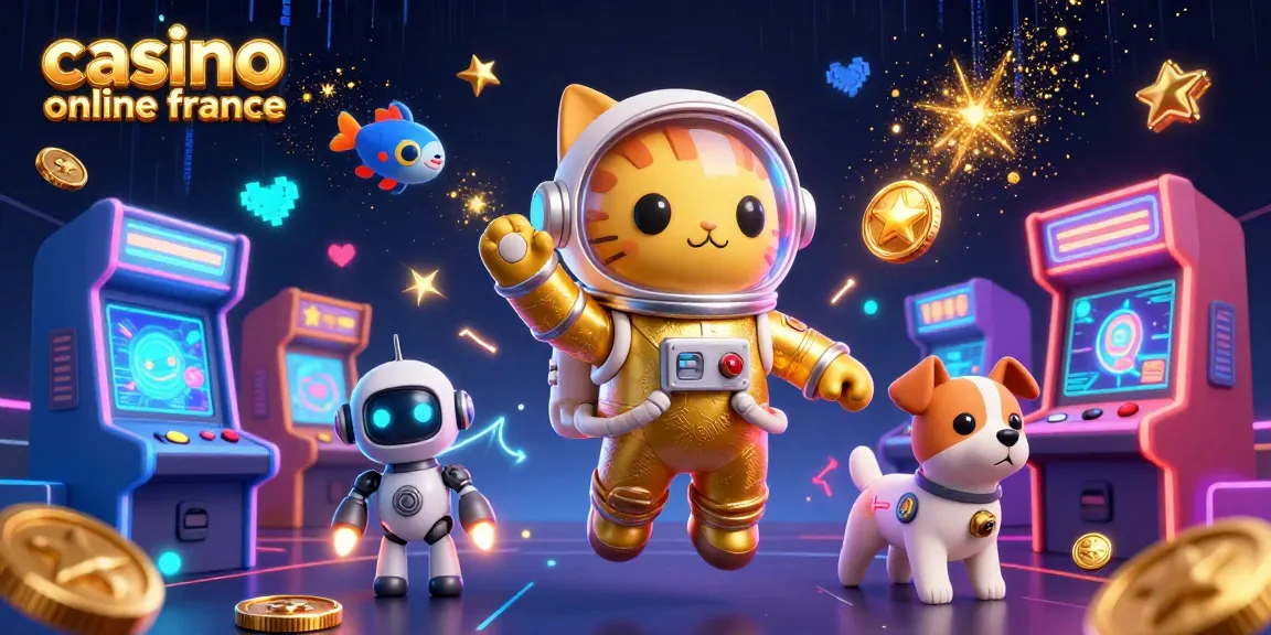 Jouez à casino en ligne france avec un chat astronaute et son robot, entourés de jeux colorés.