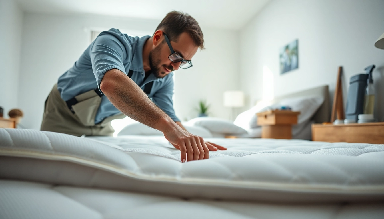 Expert in bed bug removal inspecting a mattress in a bright room.