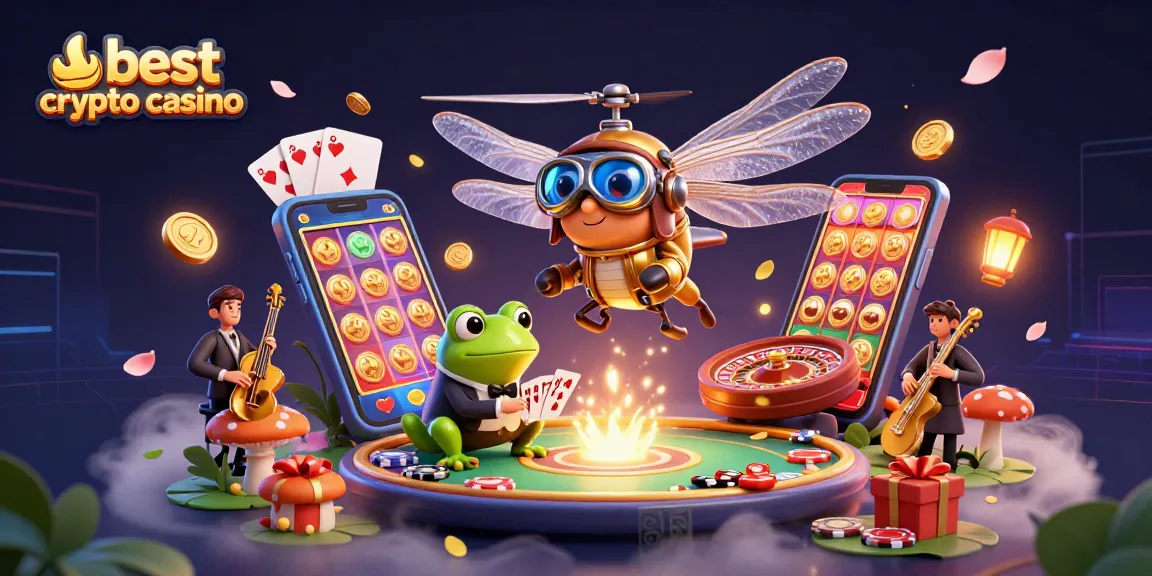Le meilleur crypto casino avec un pilote d'hélicoptère et un croupier grenouille animés, illustrant des jeux en ligne passionnants.
