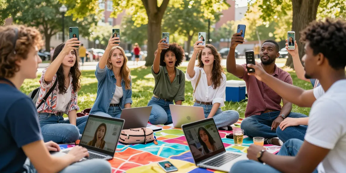 Group of young adults playing a photo age guessing game to see how old do I look outdoors in a lively urban park.