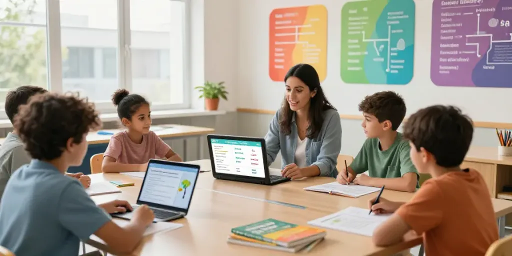 Students learning English and interacting with digital tools in a vibrant classroom setting featuring various language resources.