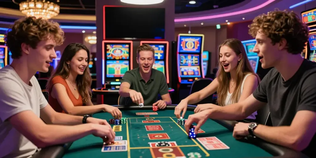 Exciting scene of friends enjoying plustoto4d gaming experience at a modern casino