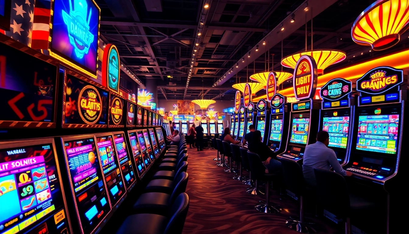 Experience the thrill of slot gambling with vibrant slot machines in a lively casino environment.