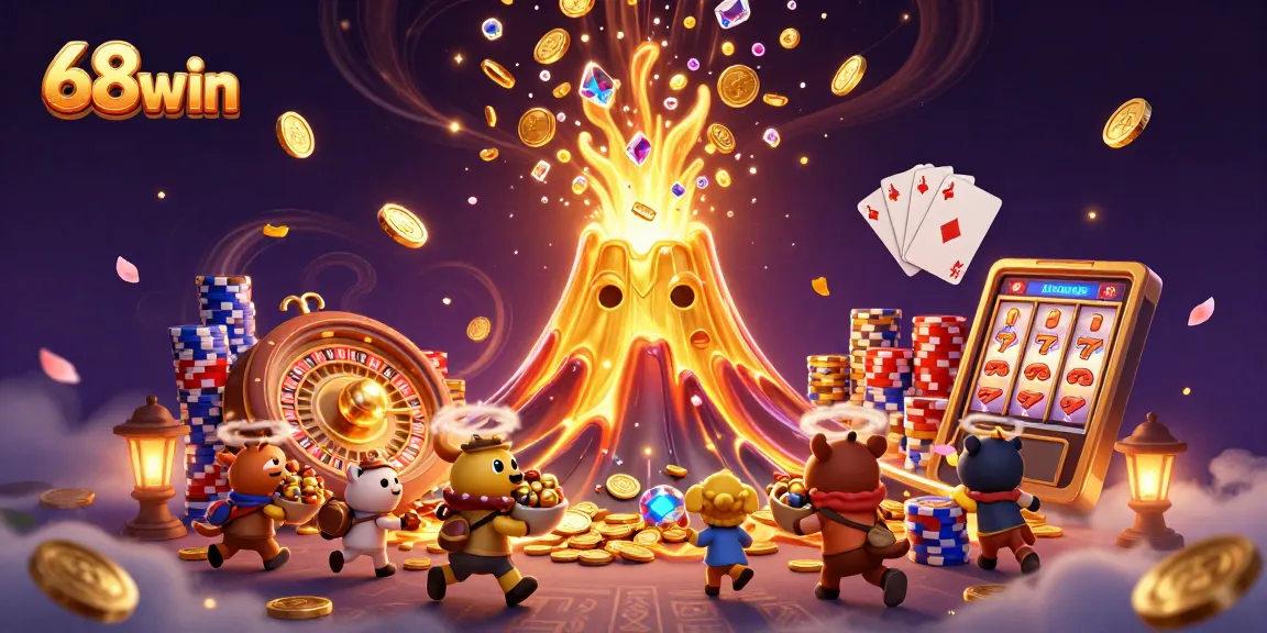 Experience thrilling gaming at 68win with a triumphant golden volcano erupting treasures.