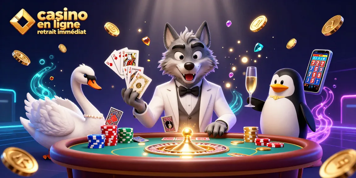 Casino en ligne retrait immédiat avec un loup, un cygne et un pingouin dans une scène dynamique de jeu.