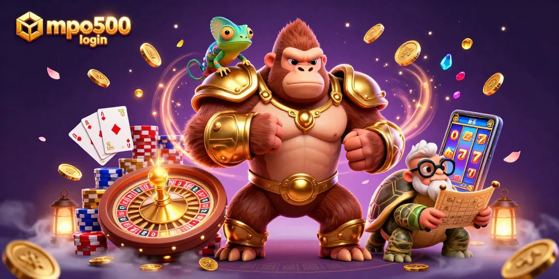 Experience mpo500 login excitement with a powerful gorilla, chameleon, and tortoise in a vibrant casino scene.
