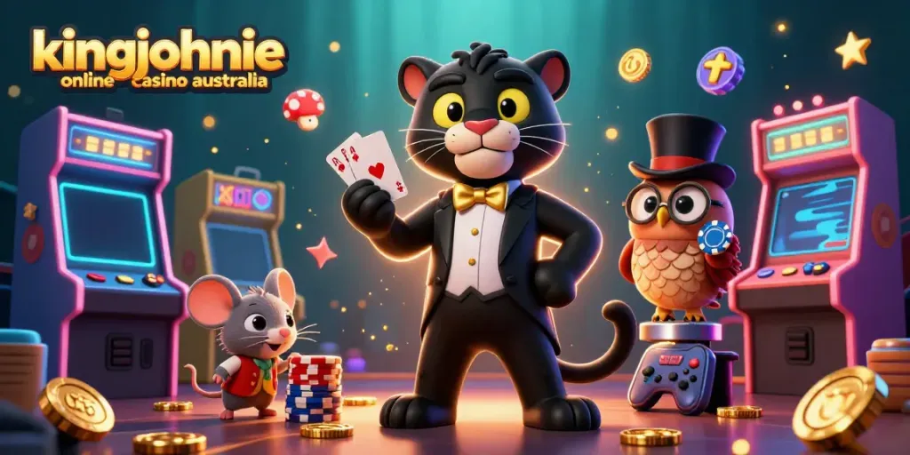 Engaging scene featuring the kingjohnnie online casino Australia theme with vibrant characters and casino elements.