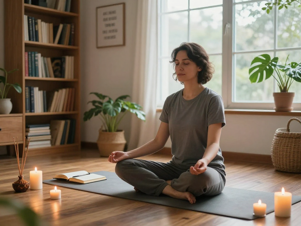 mantra88 meditation practice in a serene home setting with candles and soft light