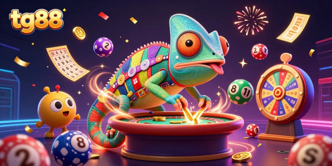 Engage with tg88 at a vibrant casino scene featuring an enormous chameleon owner and dynamic gaming elements.