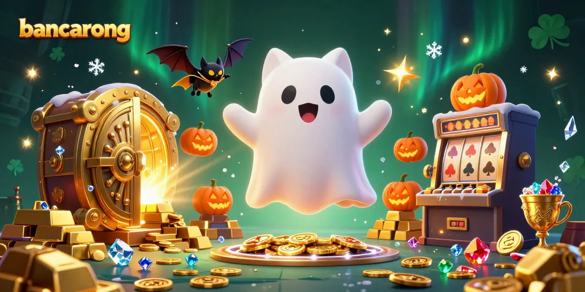 Bancarong's ghostly cat spins the slots amid glowing Halloween decor in a thrilling casino atmosphere.