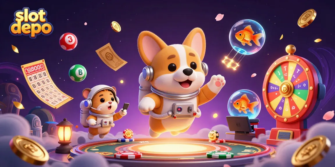 Slot depo menampilkan astronaut corgi dan hamster dalam kasino luar angkasa.