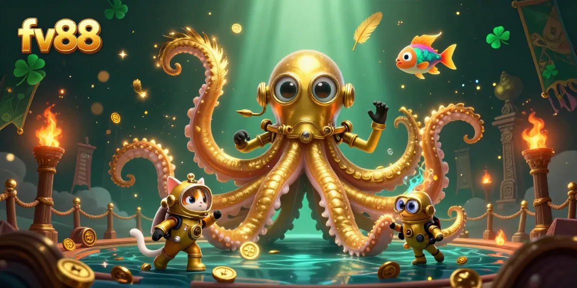 Experience epic fun with fv88's immersive gaming scene featuring a kraken and diving cat.