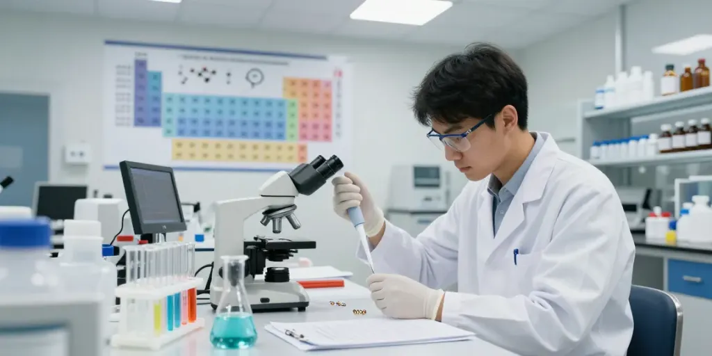 Swiss Chem research into peptides with a chemist in a laboratory setting.