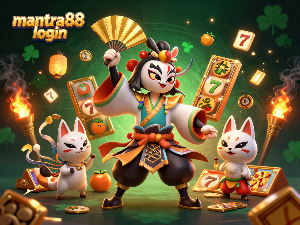 Engage in exciting gameplay with mantra88 login, featuring an intricate 3D kabuki warrior amidst vibrant casino elements.