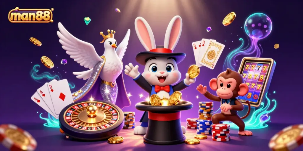 Experience magical wins at man88 with our vibrant 3D illustration of a captivating casino scene.
