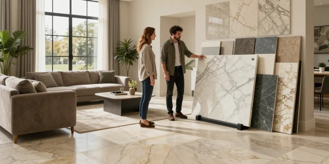 Interior design consultation with NAGA2000 showcasing premium stone flooring options in a luxurious living space.