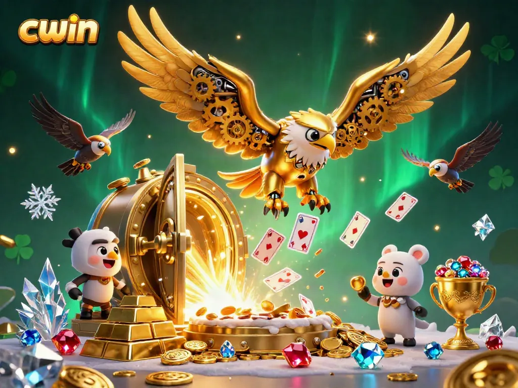 Experience the thrill of cwin with a dynamic 3D illustration featuring a golden eagle amidst a cascade of holographic playing cards and treasure.
