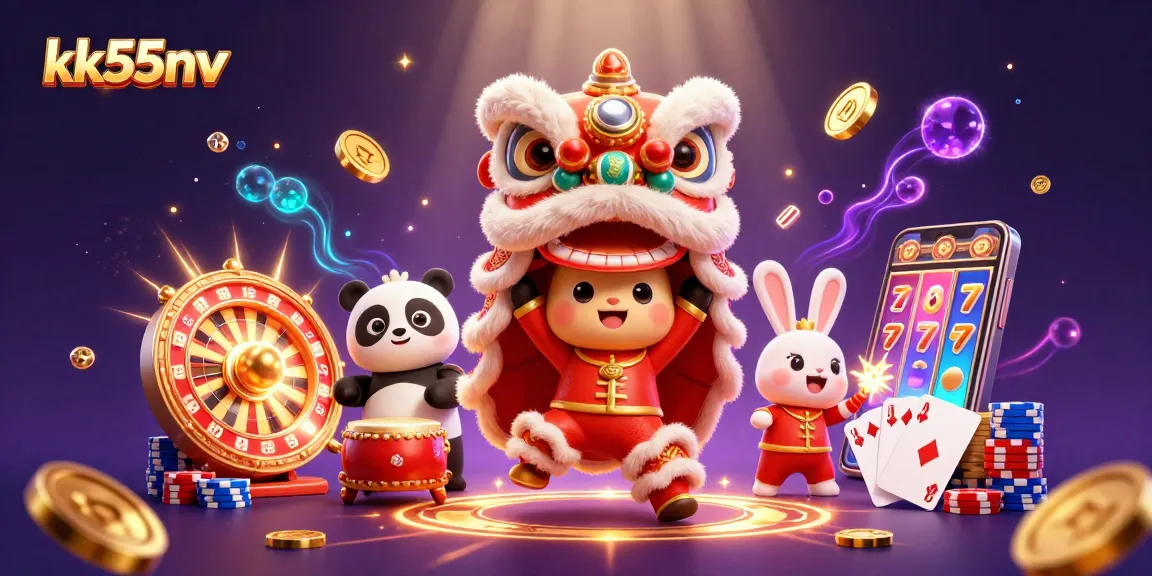 kk55nv dragon dance performance in a lively casino scene with vibrant decorations