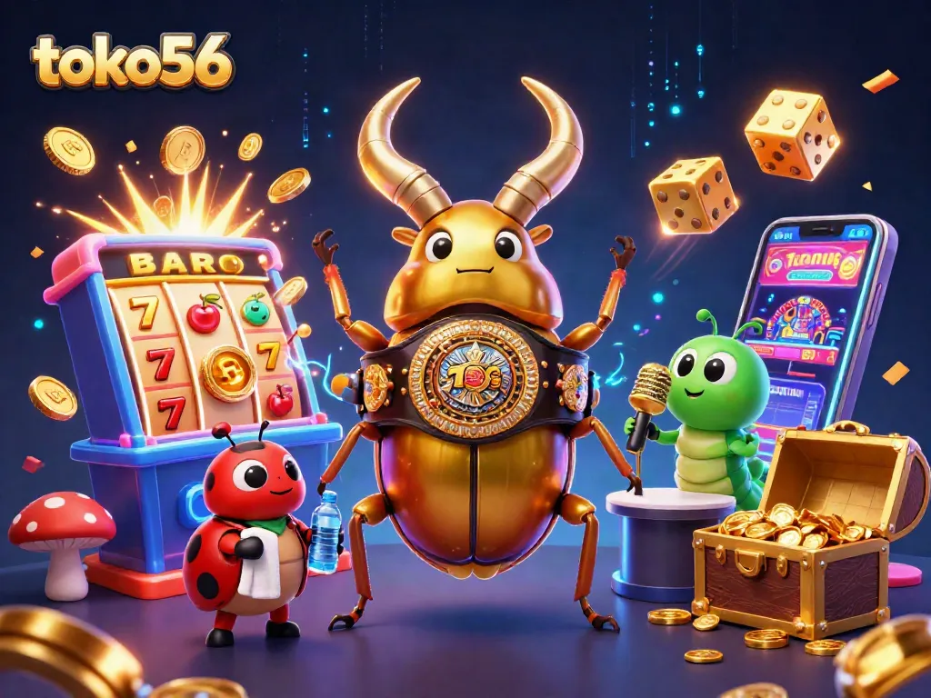 Toko56 menampilkan ilustrasi 3D menarik dari karakter judi, dengan slot dan simbol keberuntungan menghiasi latar belakang.