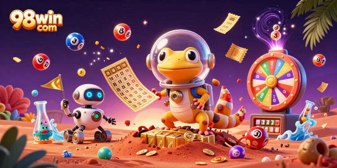 Spin and win at 98win com with this vibrant casino scene featuring a Martian gecko!