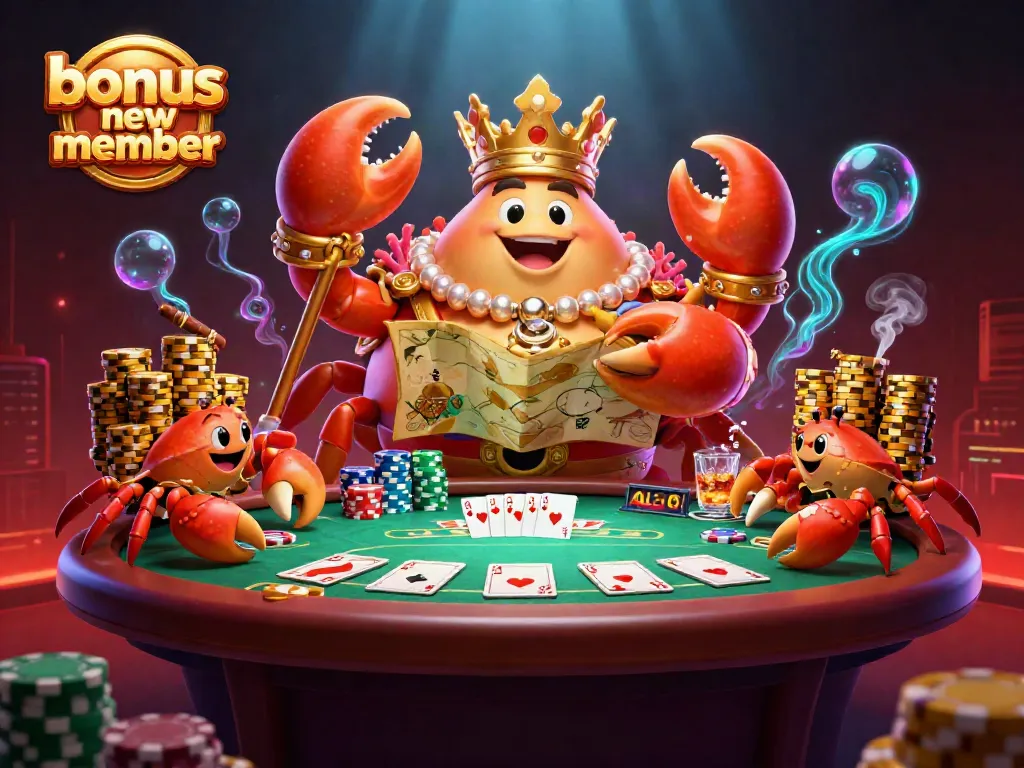 Engage in thrilling gameplay with a bonus new member inspired scene featuring a golden crab emperor and poker elements.