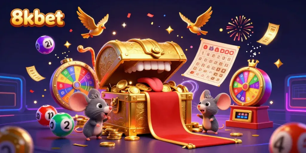 Experience the vibrant excitement of 8xbet with the dynamic treasure chest scene filled with colorful lottery elements.
