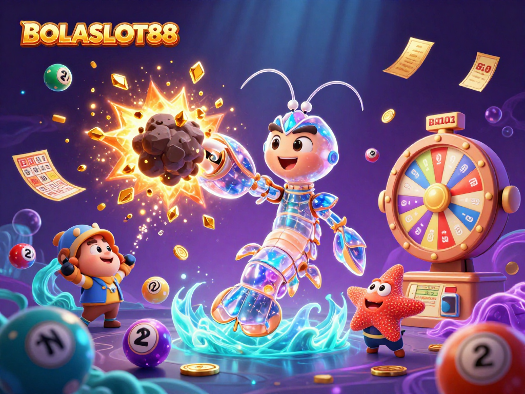 BOLASLOT88 showcases a thrilling scene with the galactic samurai mantis shrimp and starfish amidst vibrant symbols of chance.