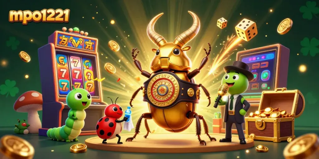 Experience mpo1221 excitement with a dynamic slot-themed 3D illustration featuring vibrant casino elements.