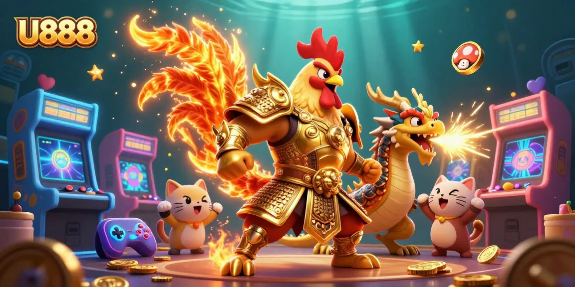 Engage with dynamic U888 gaming action featuring a rooster warrior, dragon hatchling, and arcade machines