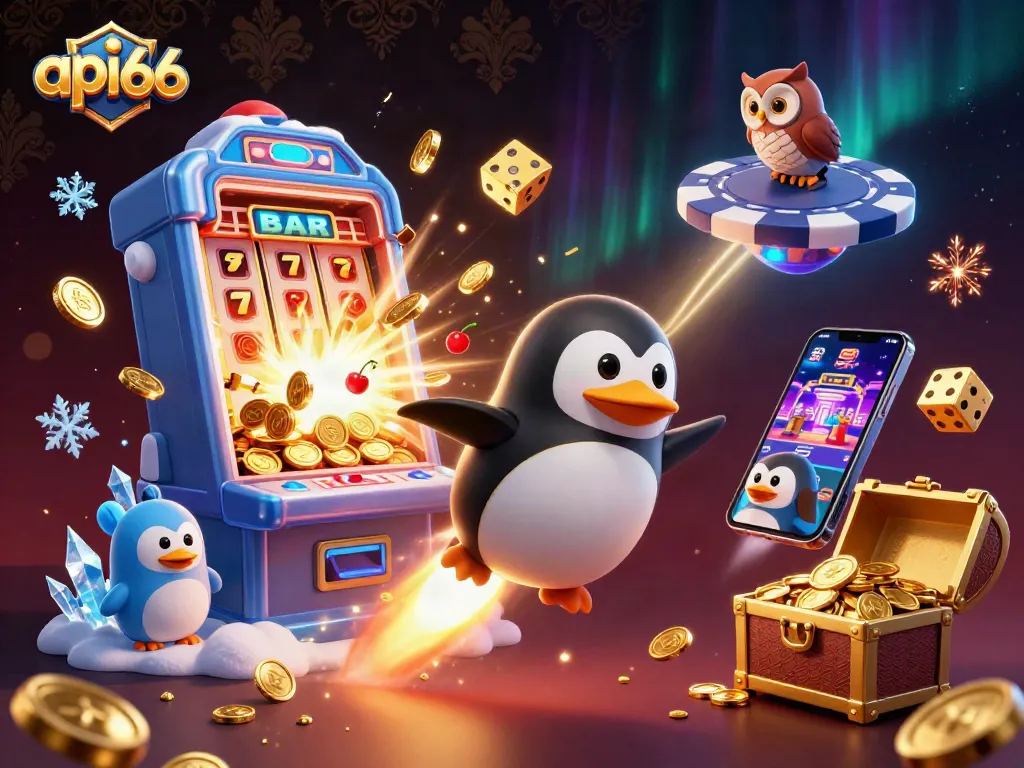 Experience exhilarating gaming with api66's golden penguin amidst a jackpot explosion and casino excitement.