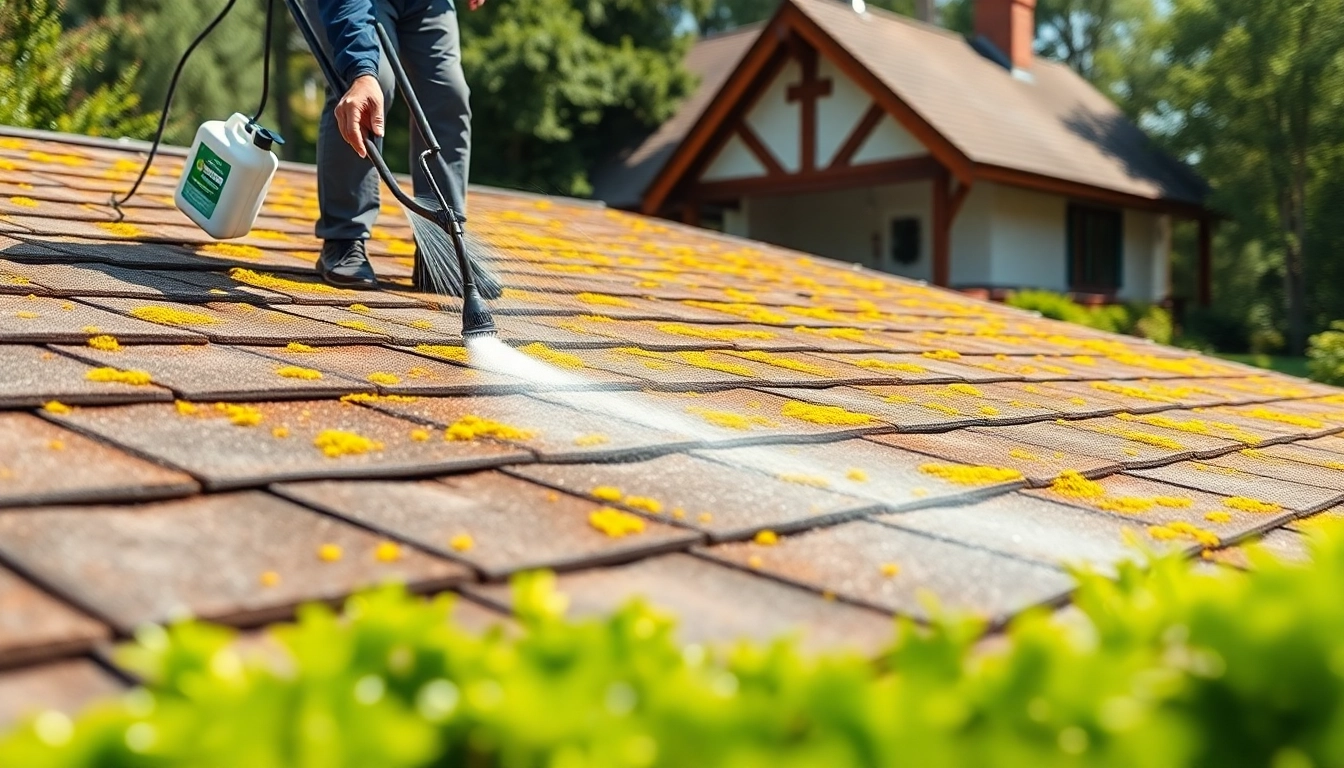 Roof Cleaning service showcasing a technician applying eco-friendly solution on a mossy roof.