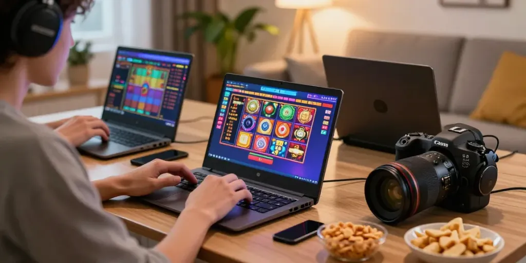 Engaging player enjoying slot games on a laptop with colorful graphics in a cozy living room.
