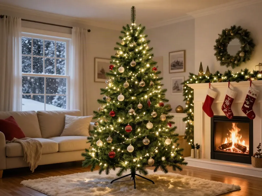 Cozy living room with a beautifully decorated skinny Christmas tree and festive holiday decor.