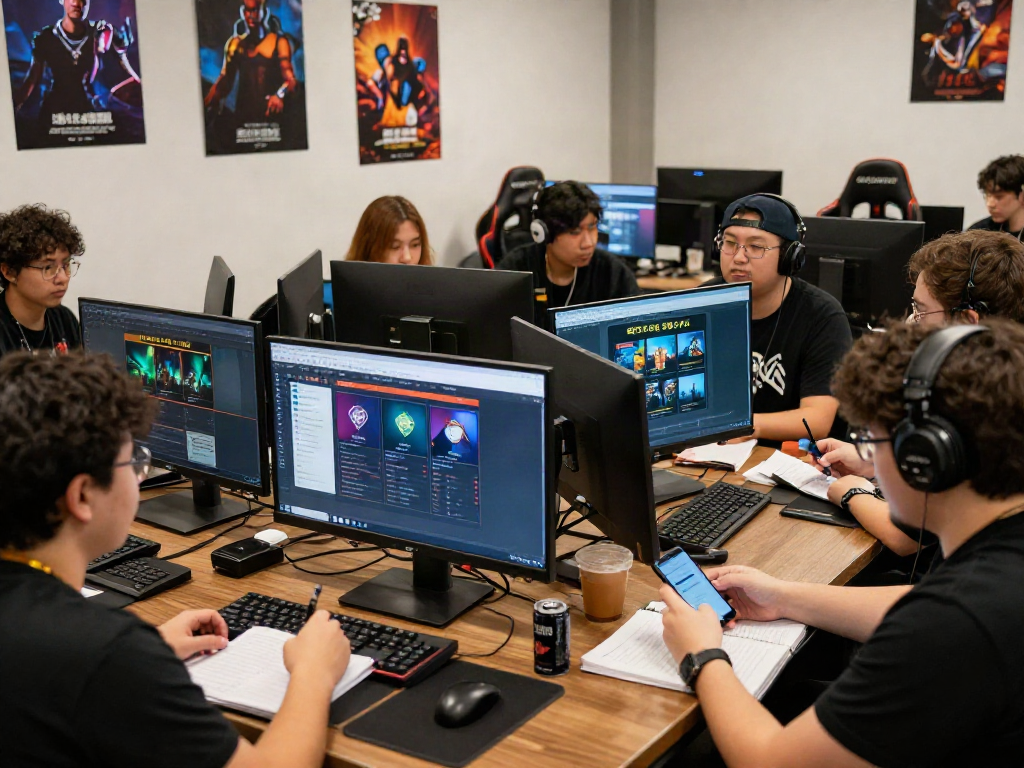 Engaged community discussing 먹튀스팟 검증사이트 in a modern gaming space.