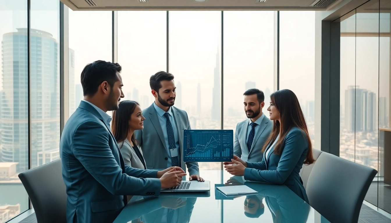 Showcase of a financial services website Dubai AI team collaborating in Dubai's modern office environment.