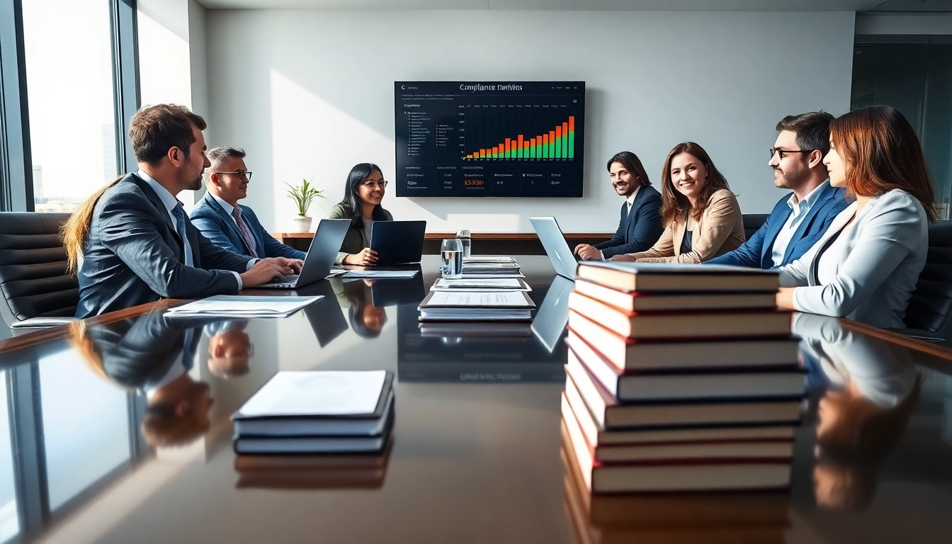 Engaging professionals discussing FCPA/DCAA/Flowdown/ITAR/EAR compliance in a modern office.
