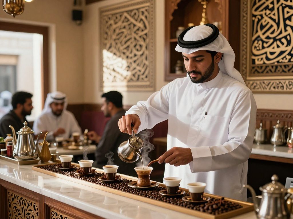 قهوجي الرياض يتم تحضير القهوة في مقهى تقليدي مع ديكور عربي جميل.