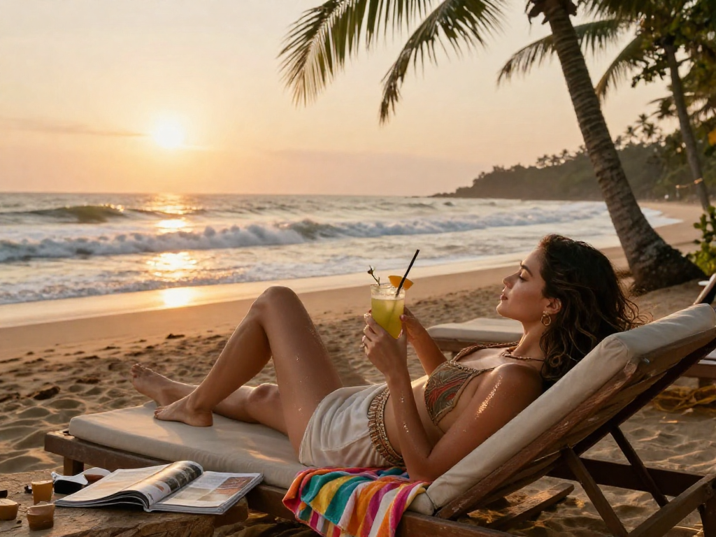 Goa escort enjoying a luxurious beachside sunset, inviting tropical atmosphere.