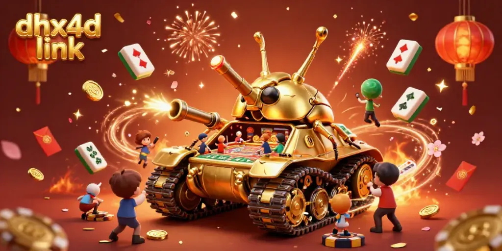 Menampilkan DHX4D link dengan efek visual kasino miniatur dalam tank kejuaraan emas dan elemen mahjong mengkilap.