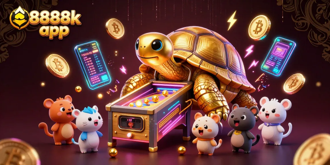 Engage with the exciting 8888k app, featuring a dynamic casino scene with cryptocurrency elements.