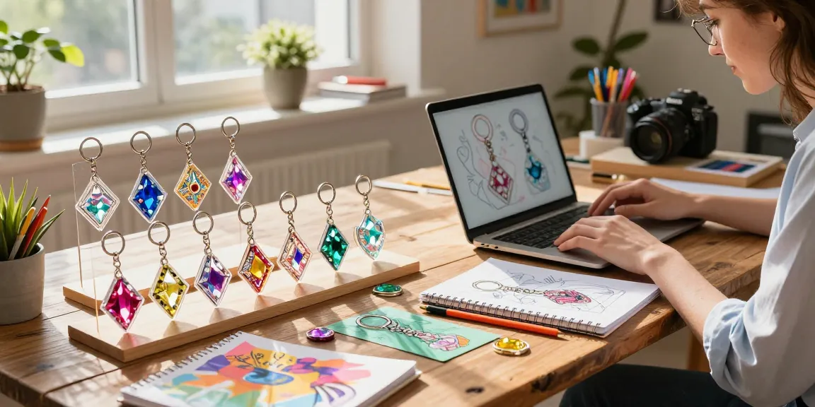 Custom acrylic diamond keychain collection showcased in a creative workspace, highlighting unique designs and artistic process.