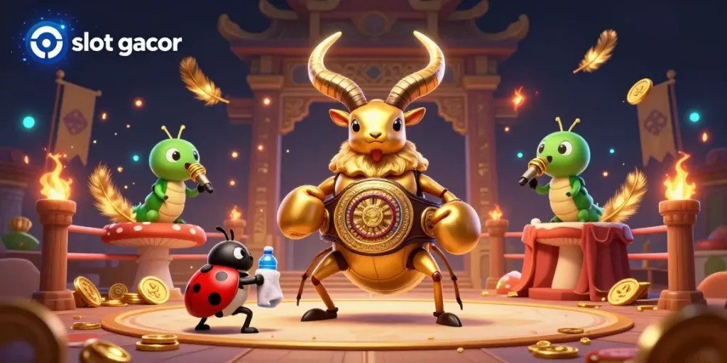 Slot gacor menunjukkan kejuaraan dalam pertarungan antara kumbang emas raksasa dan karakter lainnya di arena judi.