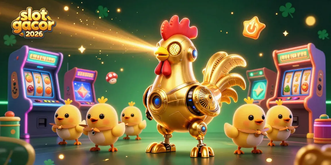Menggali slot gacor 2026 dengan ilustrasi futuristik ayam robot emas yang meluncurkan laser, dikelilingi slot dan permainan arcade.