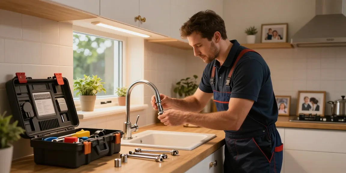 Reliable local plumbing services in Stevenage showcased by a plumber fixing a leaky faucet in a warm home.
