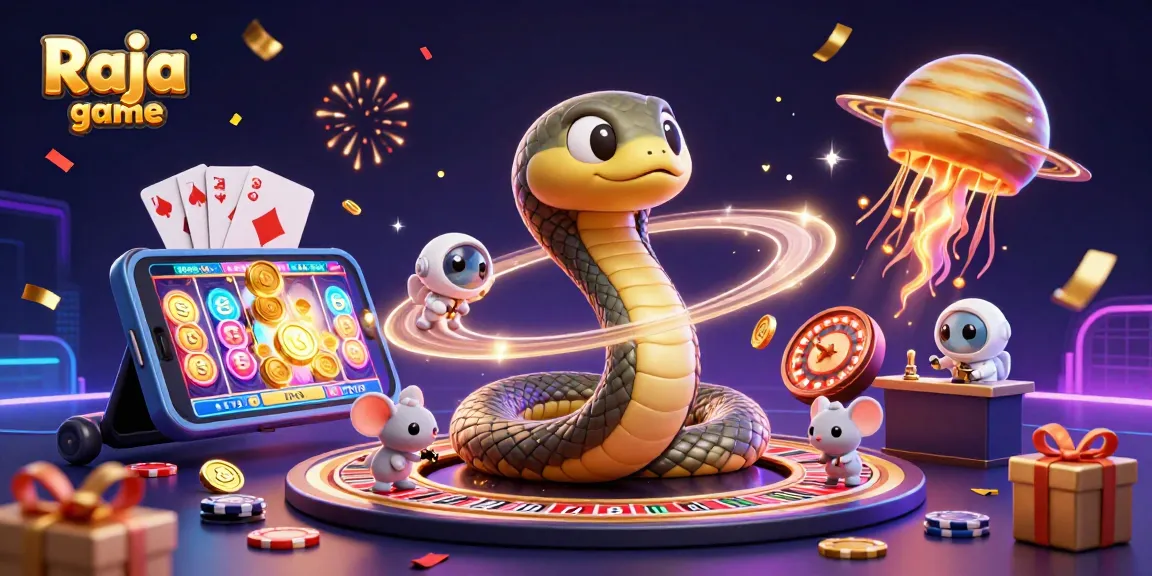 Experience fun gaming with Raja game, featuring a cosmic casino scene of a snake dealer and astronaut mice betting.