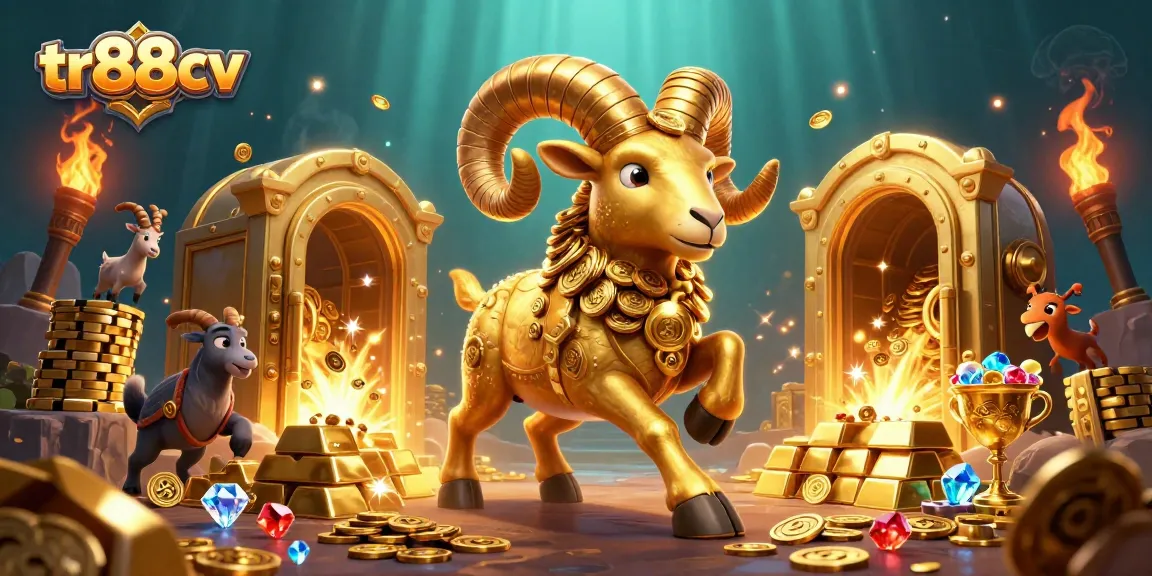 tr88cv showcases an energetic golden ram charging through a treasure vault, flaunting casino riches.