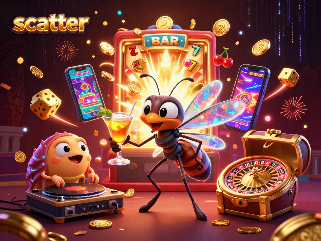 Experience scatter action in slots with a cartoon mosquito mascot celebrating wins surrounded by casino gems.
