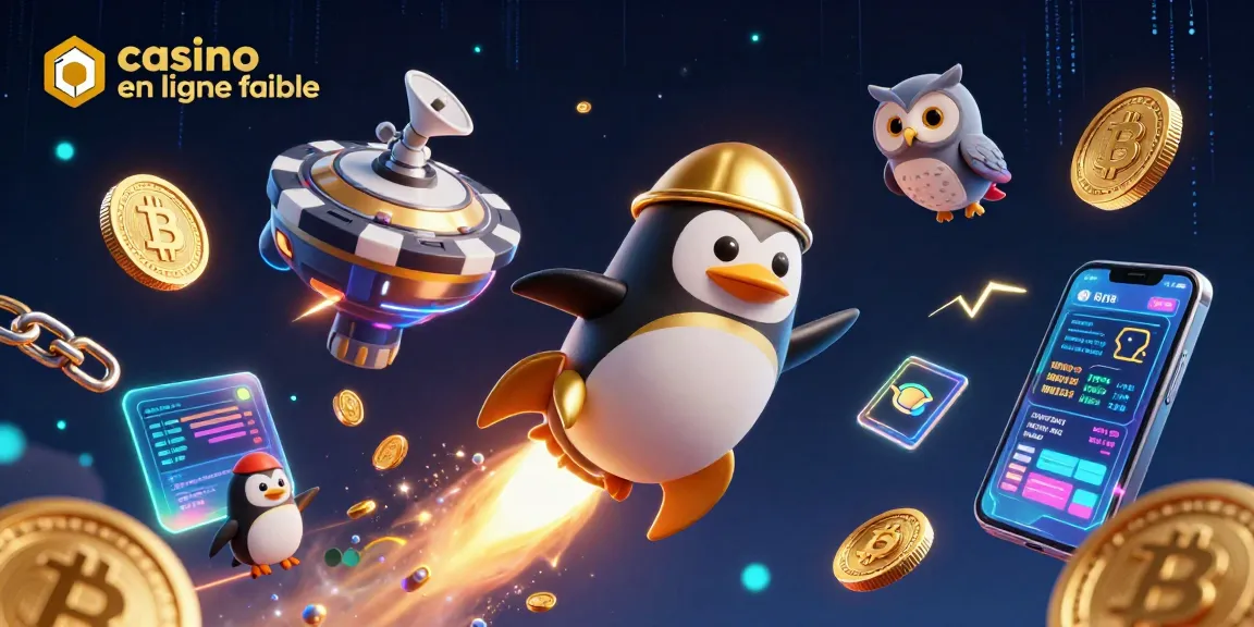 Visualisez une scène dynamique de casino en ligne fiable avec un pingouin doré propulsé par fusée dans l'espace, entouré d'éléments de jeu.